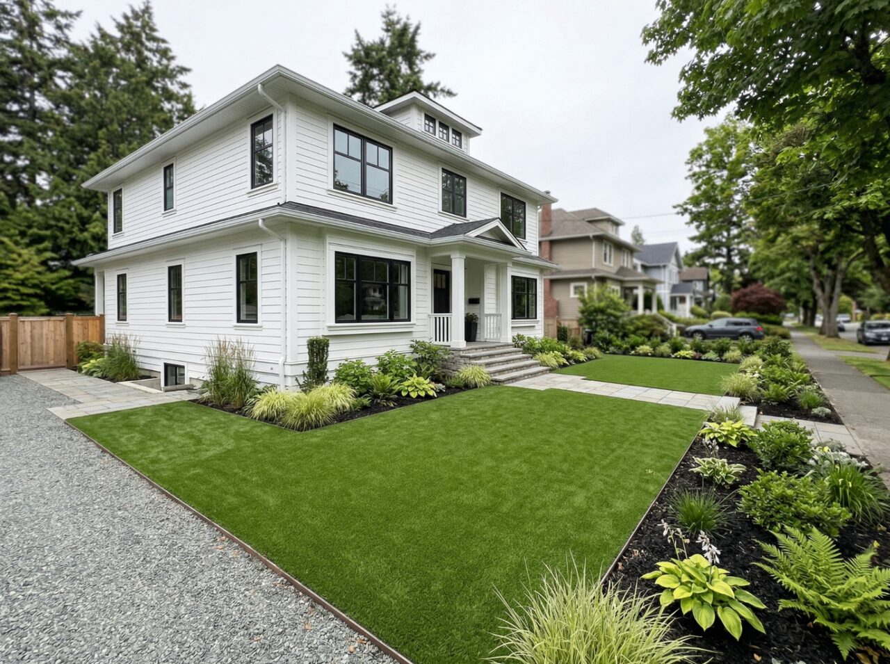 Modernized character home with manicured artificial turf front lawn