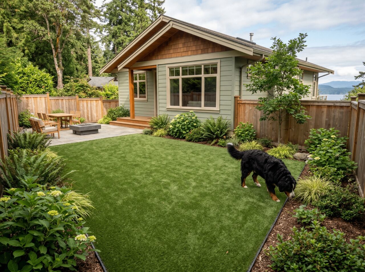 Craftsman home backyard with artificial turf and Bernese Mountain Dog