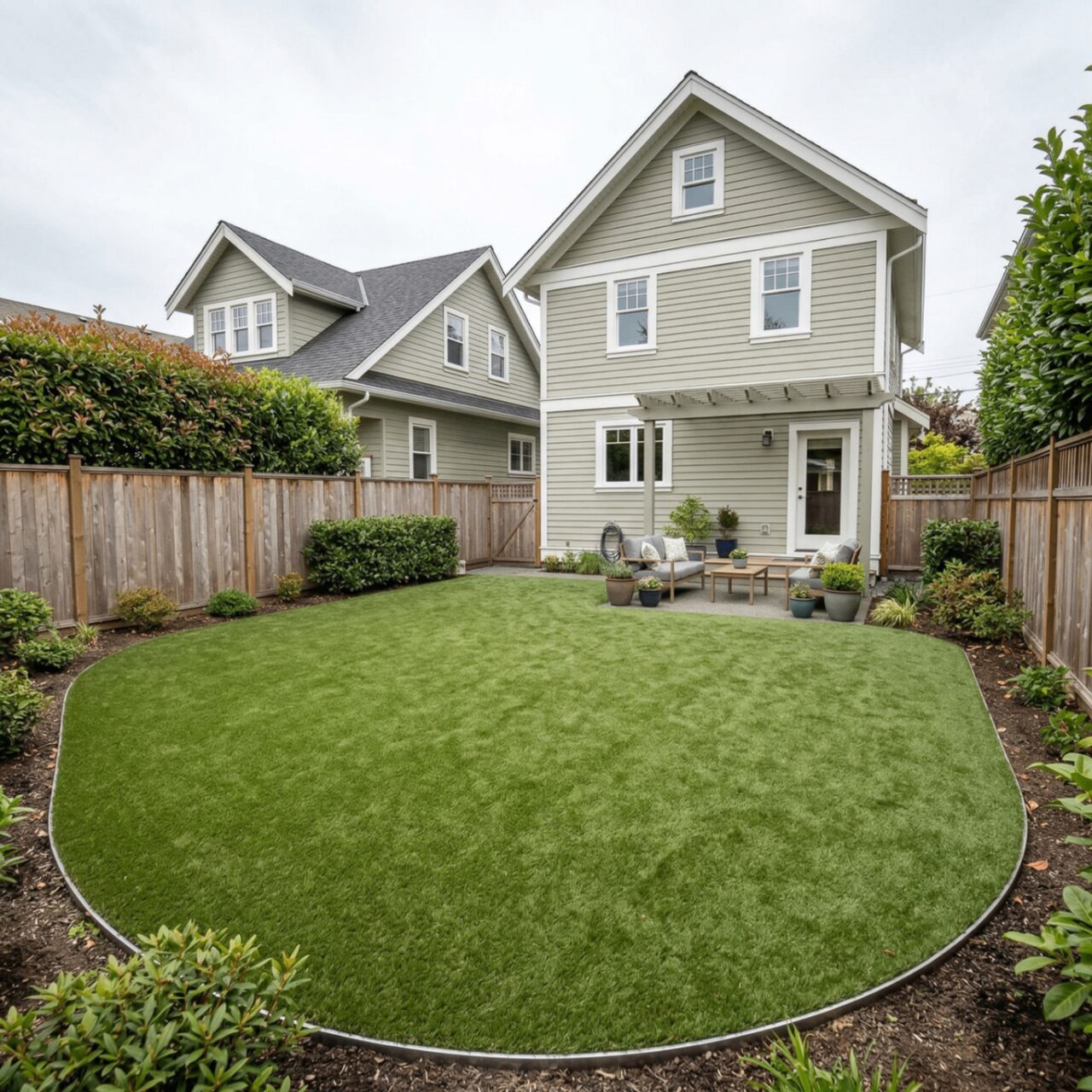 Backyard with oval artificial turf lawn and patio seating