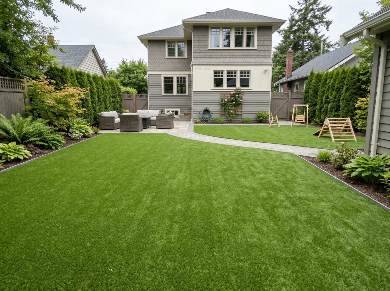 Artificial turf backyard with stone pathway and play area