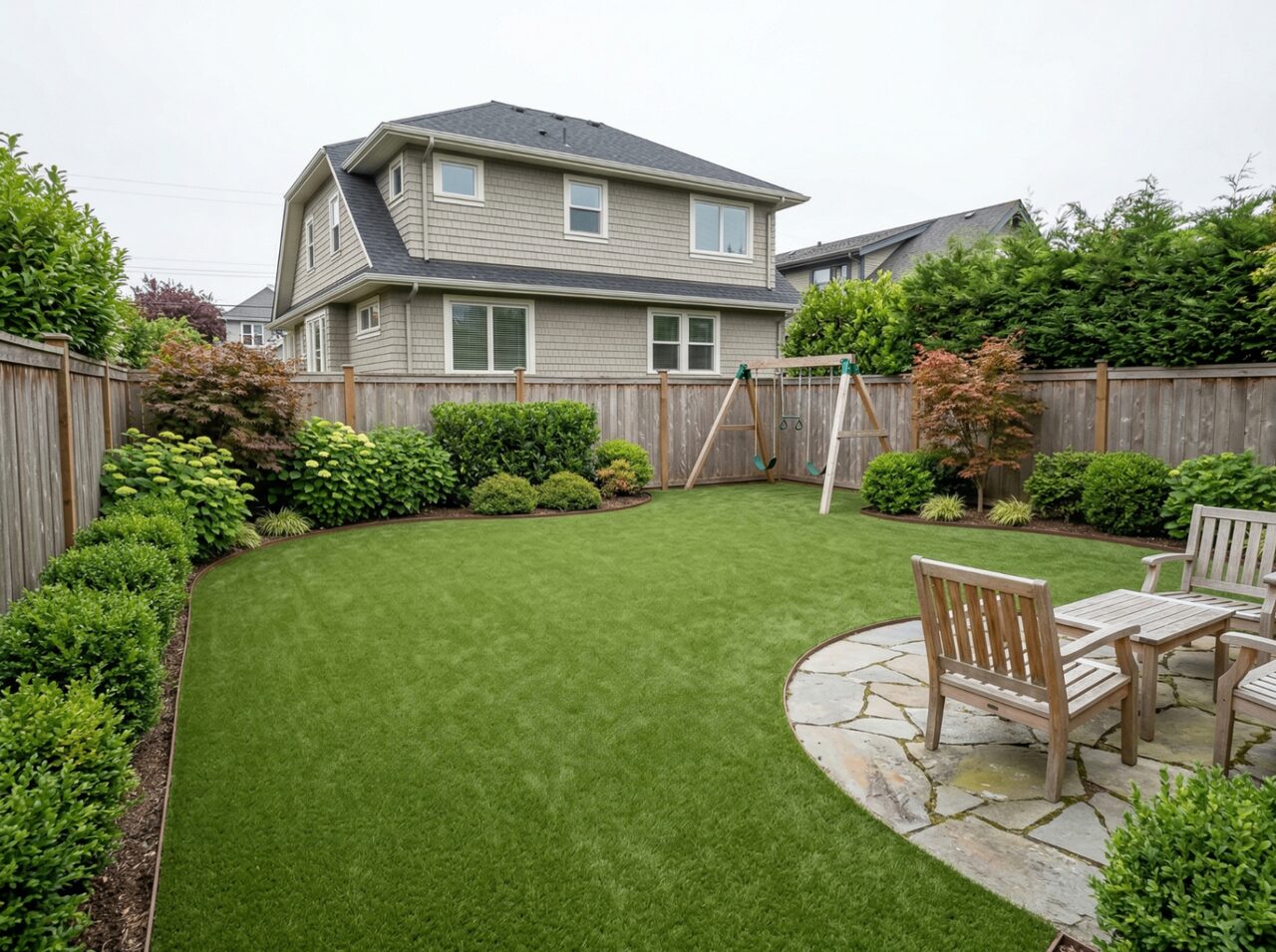 Backyard artificial turf with swing set and stone patio