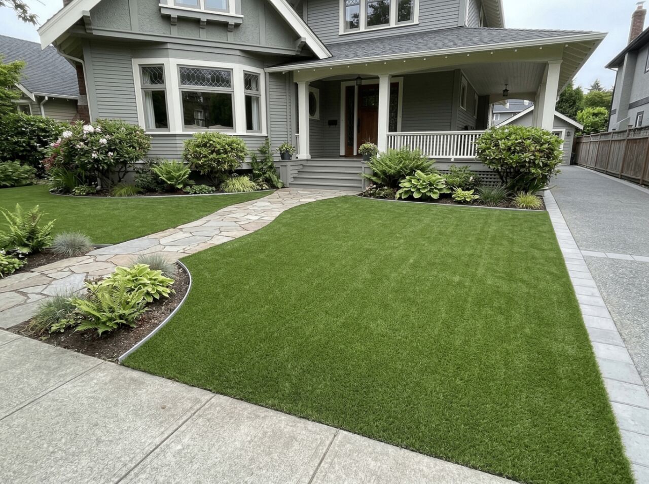 Heritage craftsman home with manicured artificial turf front yard