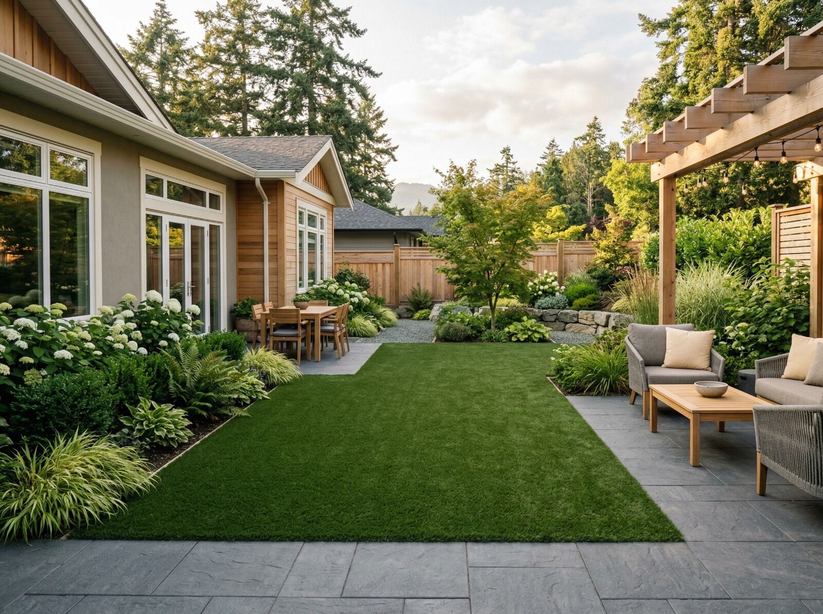 Backyard artificial turf lawn with patio and pergola on Vancouver Island