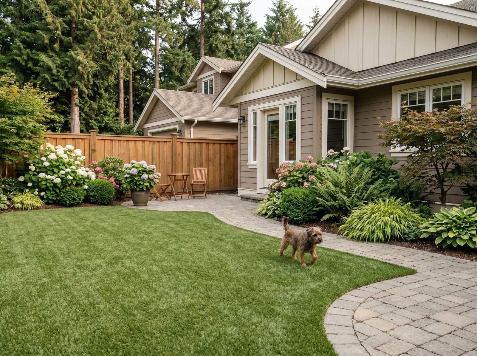 Front yard artificial turf with pet-friendly lawn and garden borders