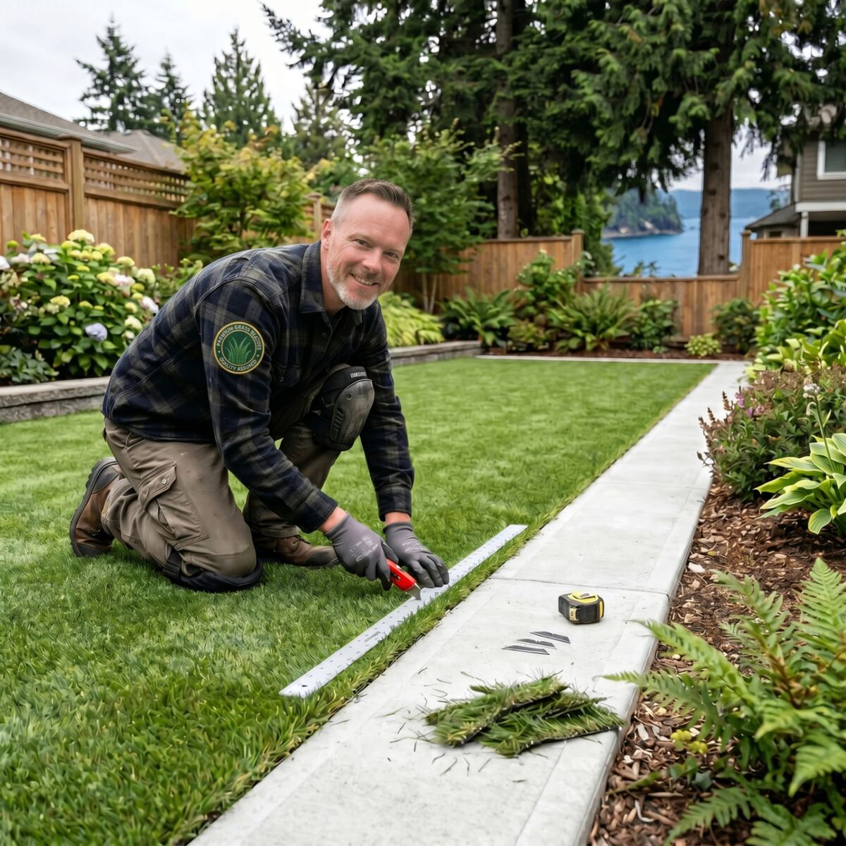 Premium Grass Blades installer trimming artificial turf along a Vancouver Island backyard walkway