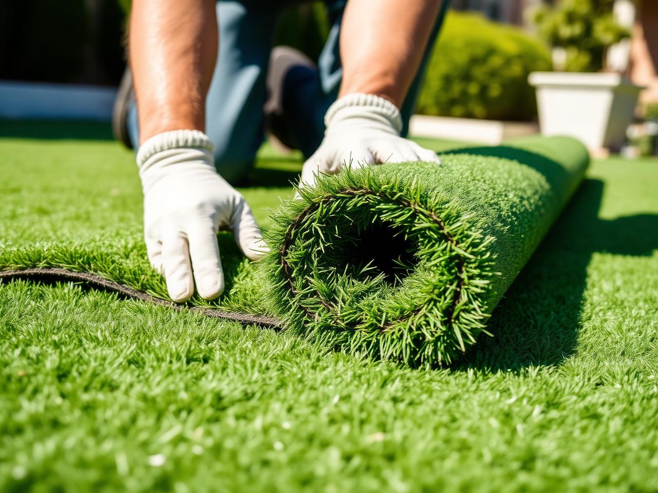 Artificial turf being rolled out during professional installation