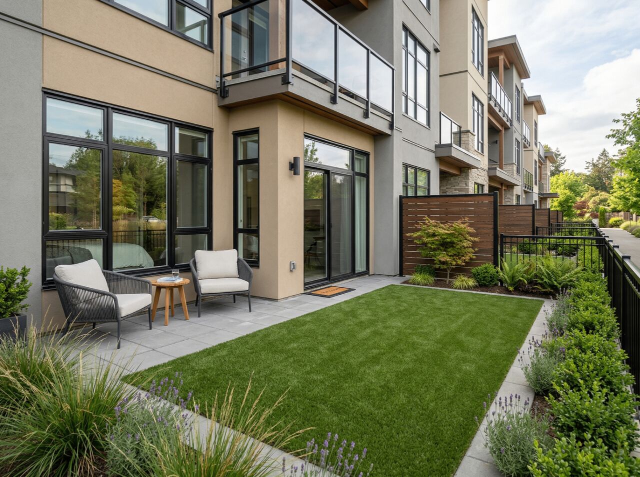 Langford ground floor condo patio with artificial turf and lavender borders