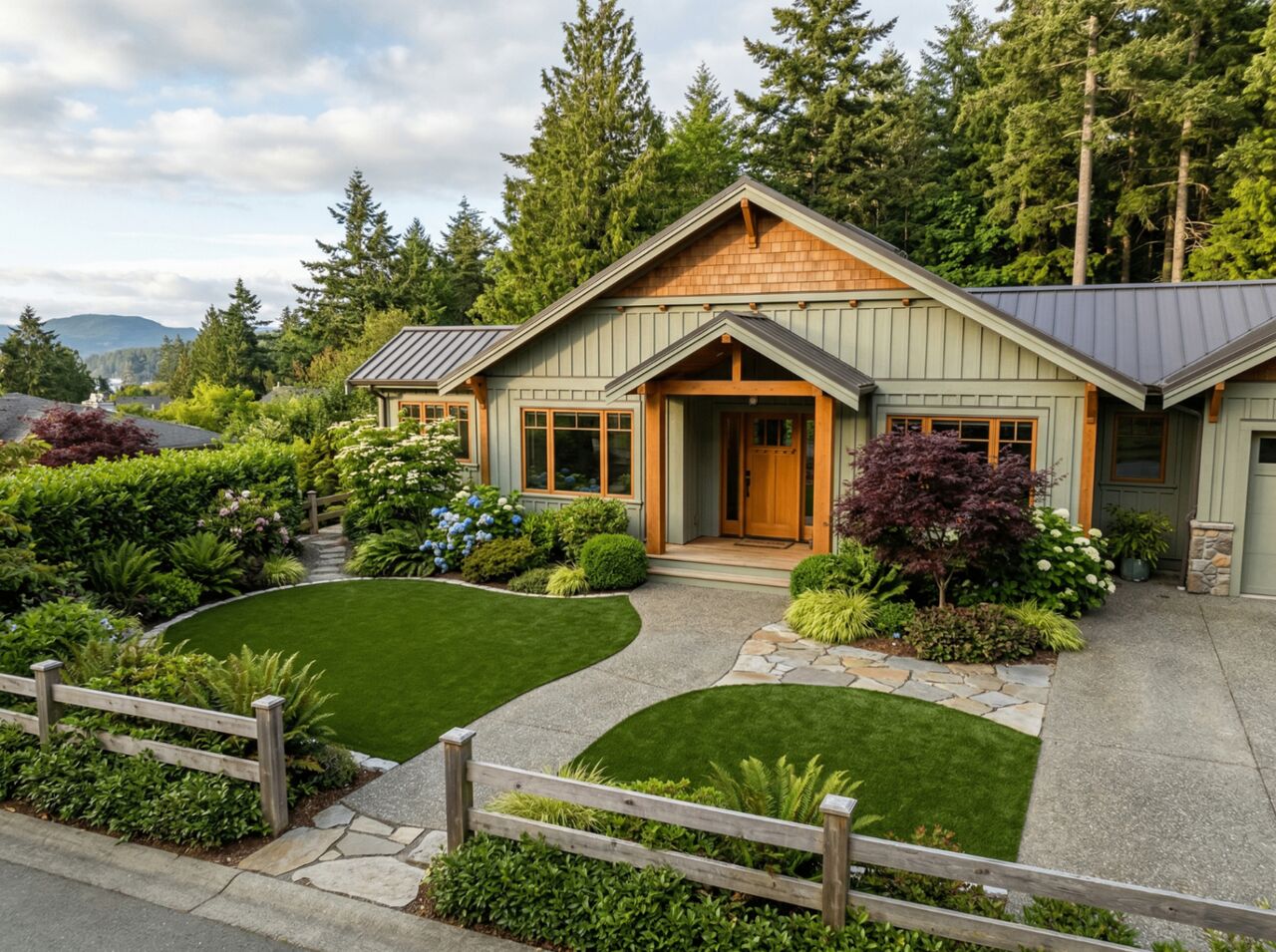 Natural-look artificial turf front yard at a Sooke home