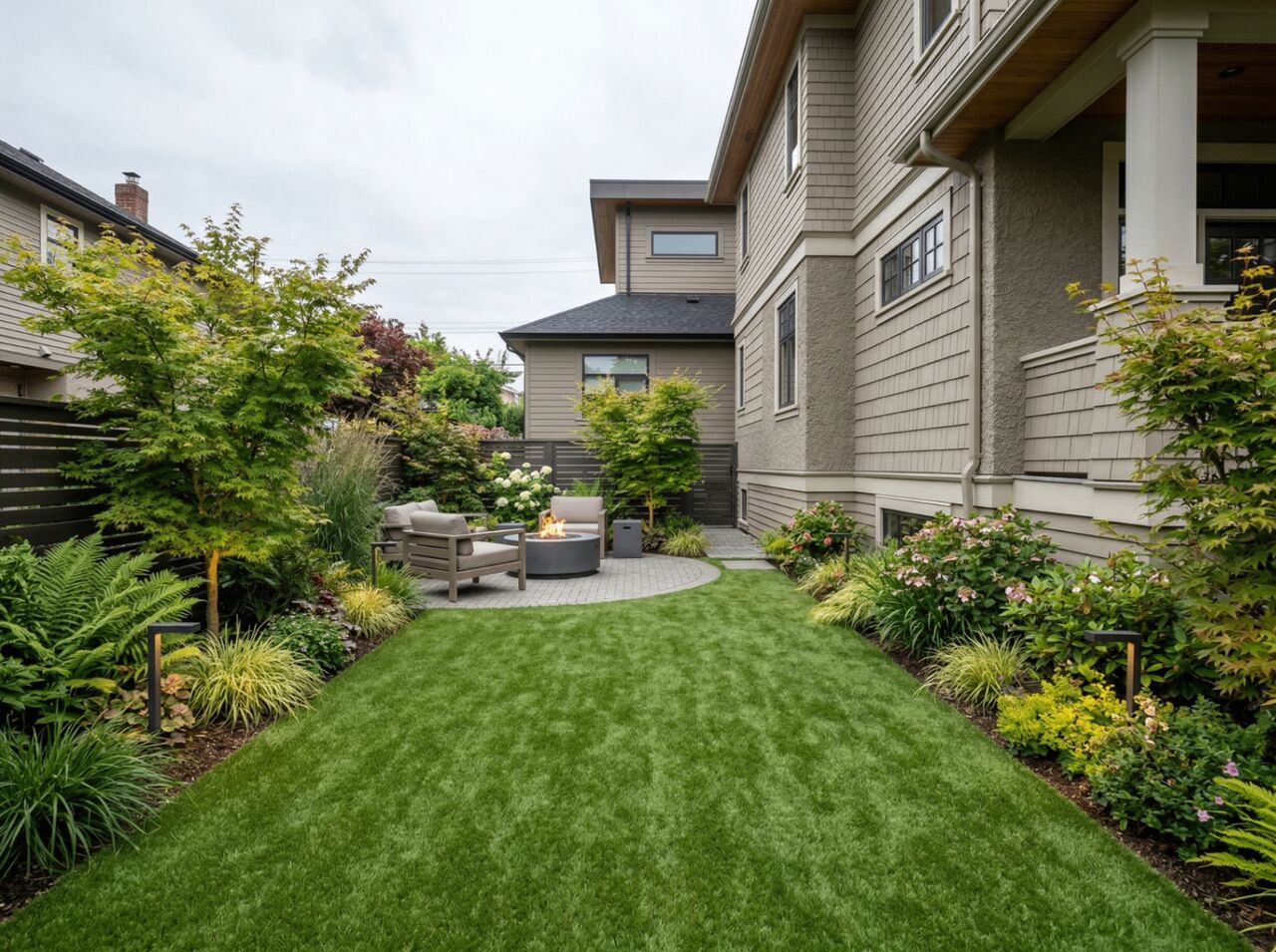 Side yard artificial turf with fire pit lounge and lush garden borders