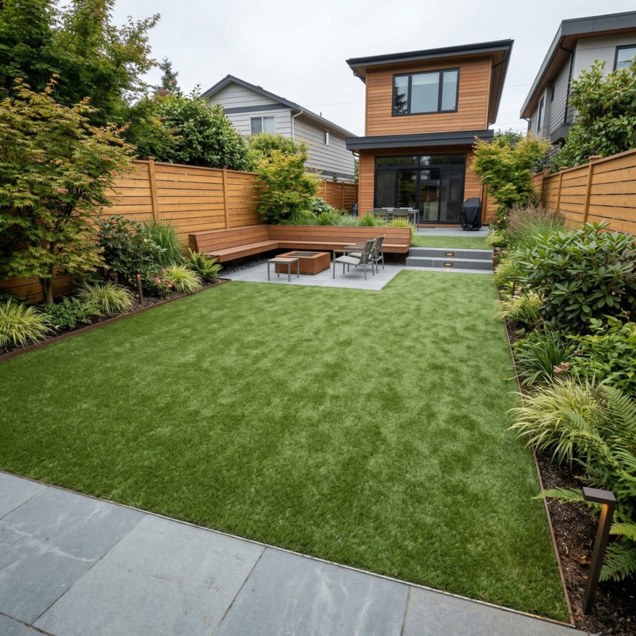 Urban luxury backyard with artificial turf and built-in fire pit